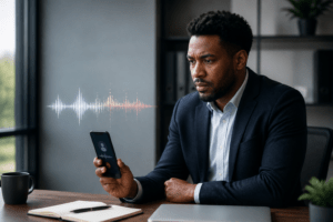 Finance professional checking a suspicious AI-generated voice call