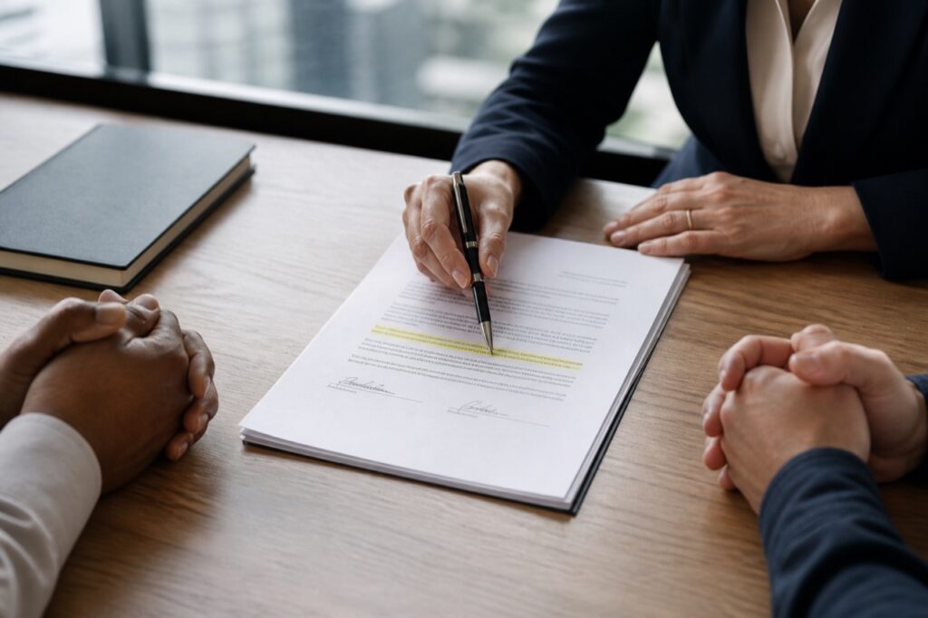 Attorney reviewing a signed divorce settlement agreement with two spouses