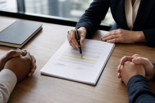 Attorney reviewing a signed divorce settlement agreement with two spouses