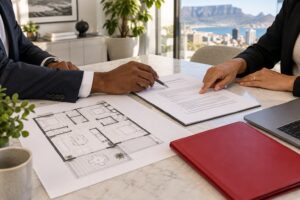 Illustration of professionals checking plans and a written decision record