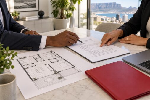 Illustration of professionals checking plans and a written decision record