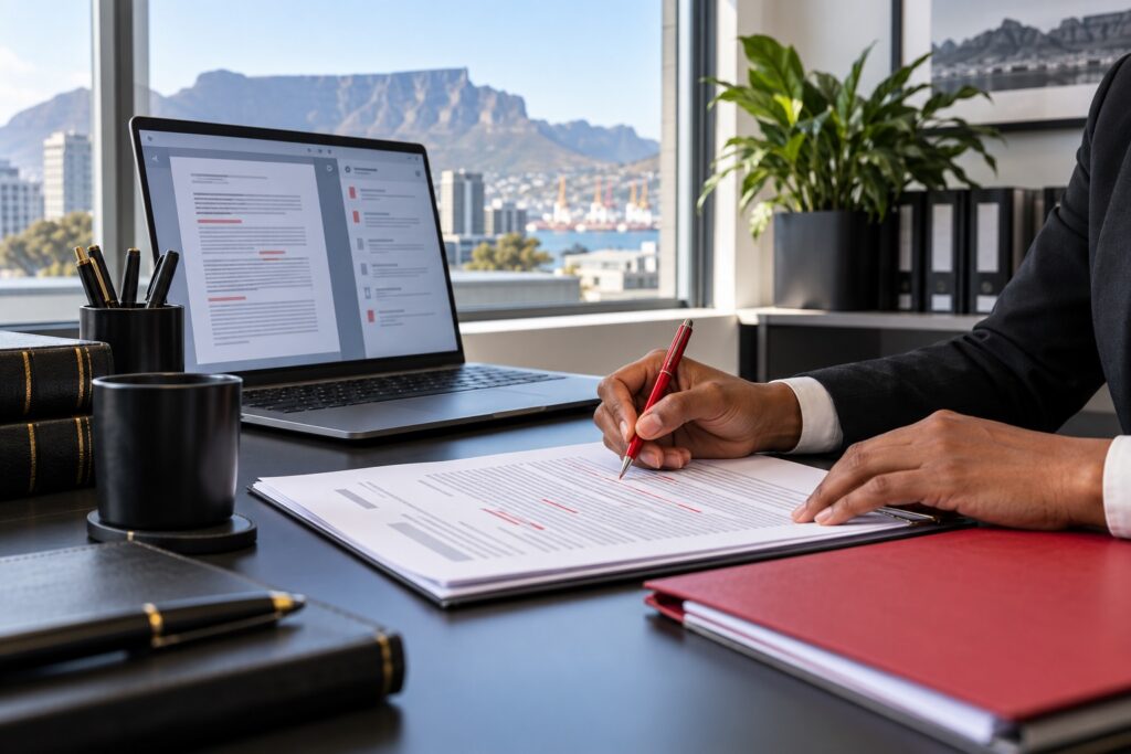 Illustration of a lawyer verifying legal research beside a laptop