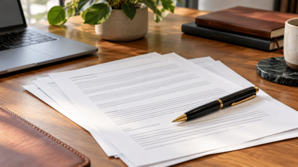 Contract papers and a pen beside a laptop, illustrating review of AI-drafted contracts.